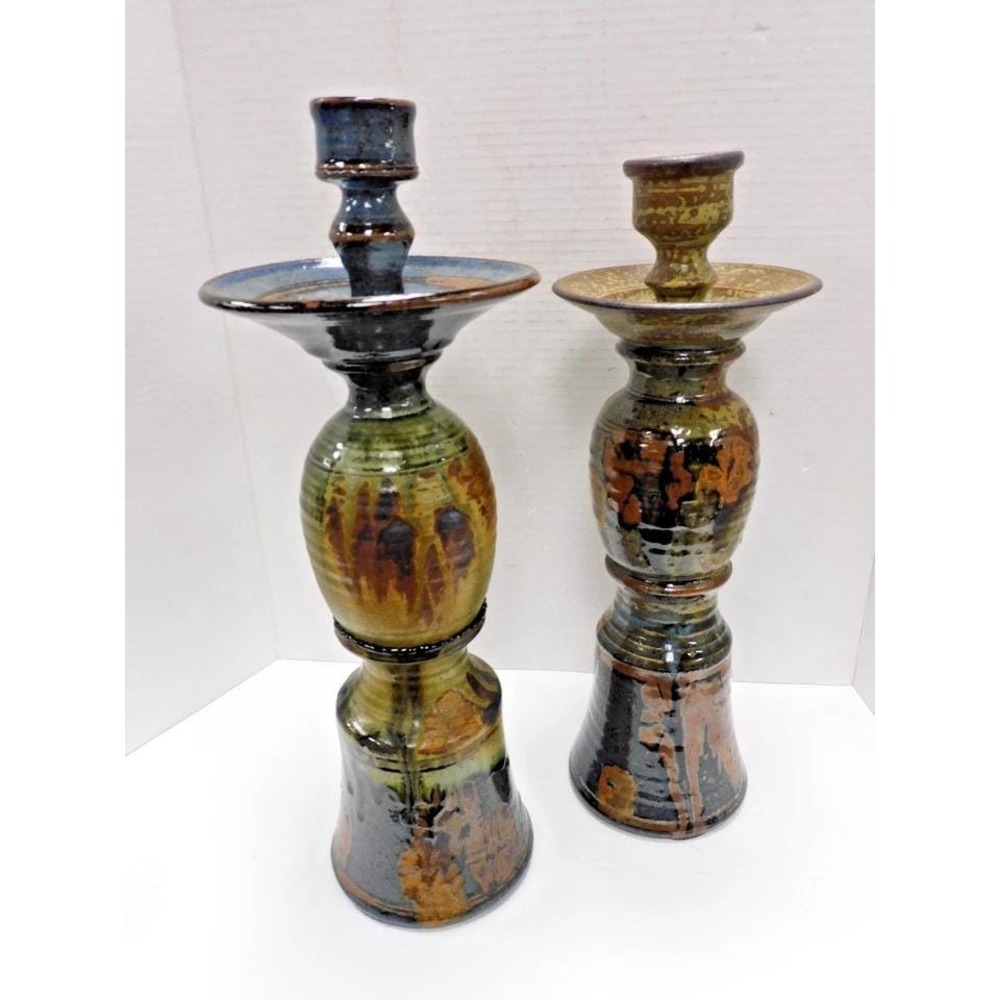 Pair Of Earth Tone Chamberstick Glazed Candle Stick Holders RARE***JC435